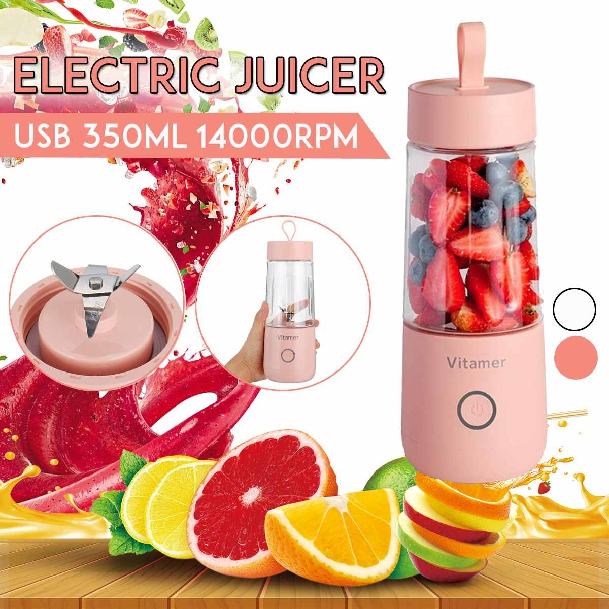 Vitamer rechargeable personal blender in pink with 350ml capacity and fruit ingredients inside