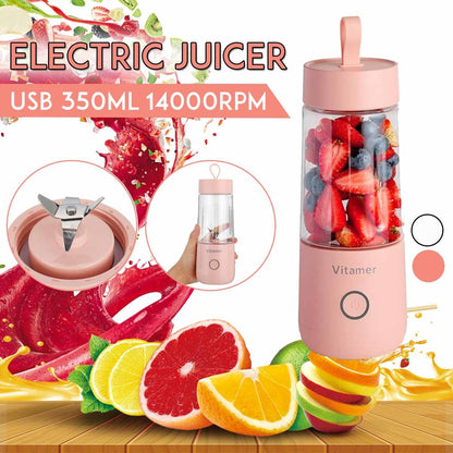 Vitamer rechargeable personal blender in pink with 350ml capacity and fruit ingredients inside